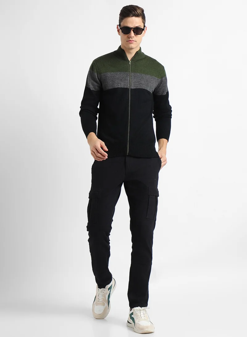 دينيس لينغو Olive Regular Fit Sweater for Men - 100% Acrylic, Colourblocked, Mock Neck, Full Sleeves, Casual,