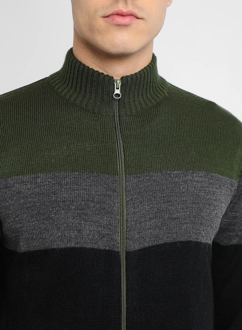 دينيس لينغو Olive Regular Fit Sweater for Men - 100% Acrylic, Colourblocked, Mock Neck, Full Sleeves, Casual,