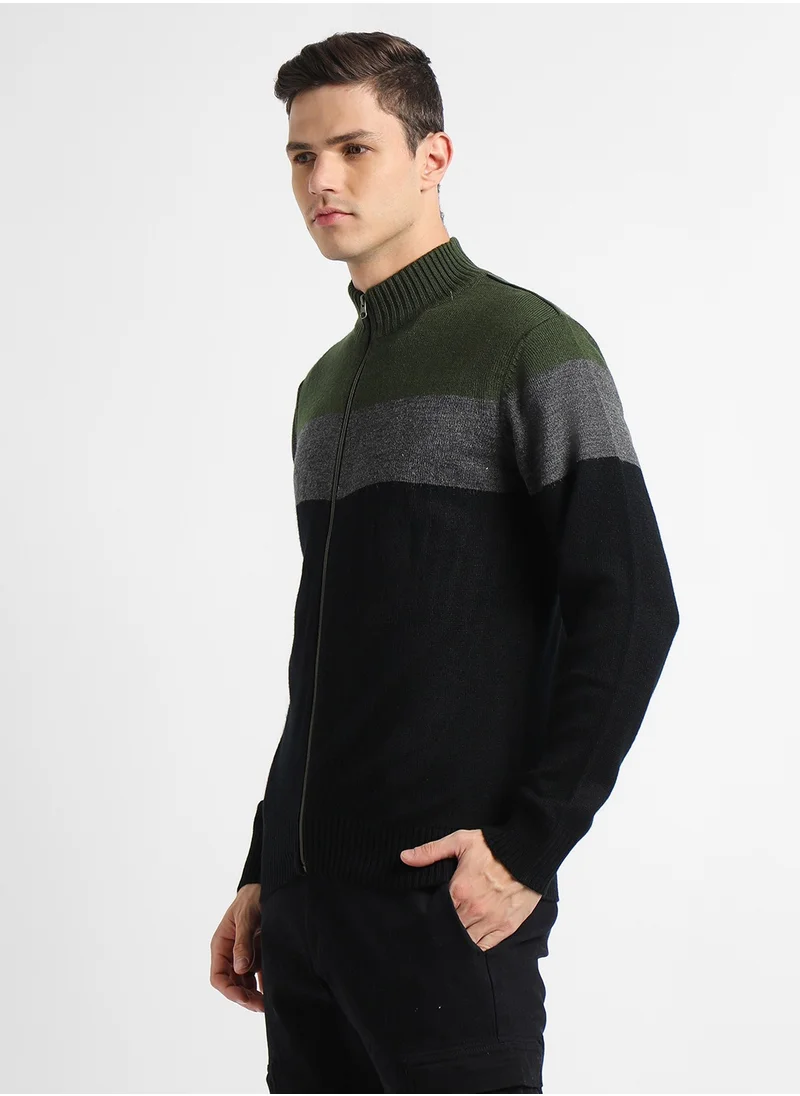 Dennis Lingo Olive Regular Fit Sweater for Men - 100% Acrylic, Colourblocked, Mock Neck, Full Sleeves, Casual