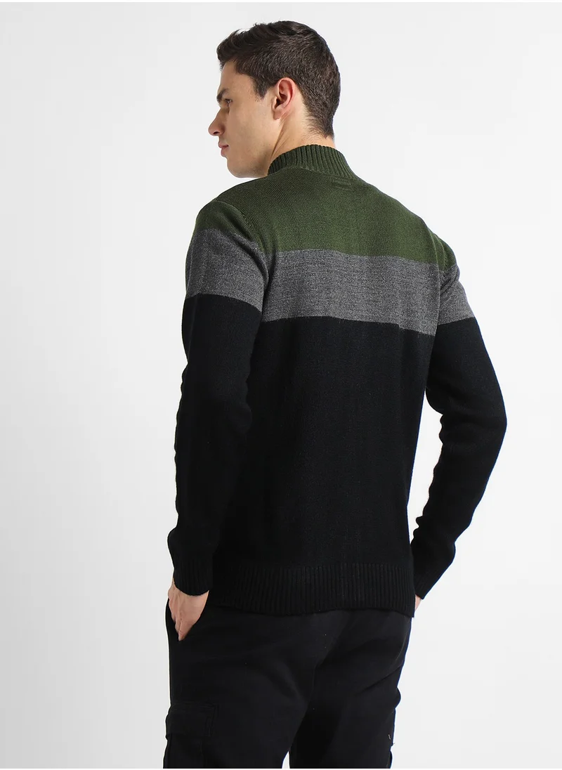 دينيس لينغو Olive Regular Fit Sweater for Men - 100% Acrylic, Colourblocked, Mock Neck, Full Sleeves, Casual