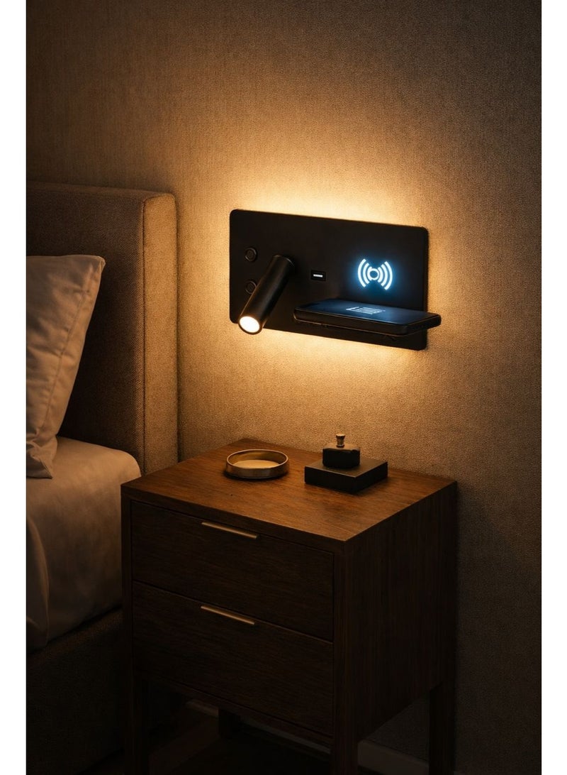 Smart wall light with two adjustable lighting sources, 3000K warm illumination, and an integrated wireless charging area designed for modern bedside convenience - Image 2