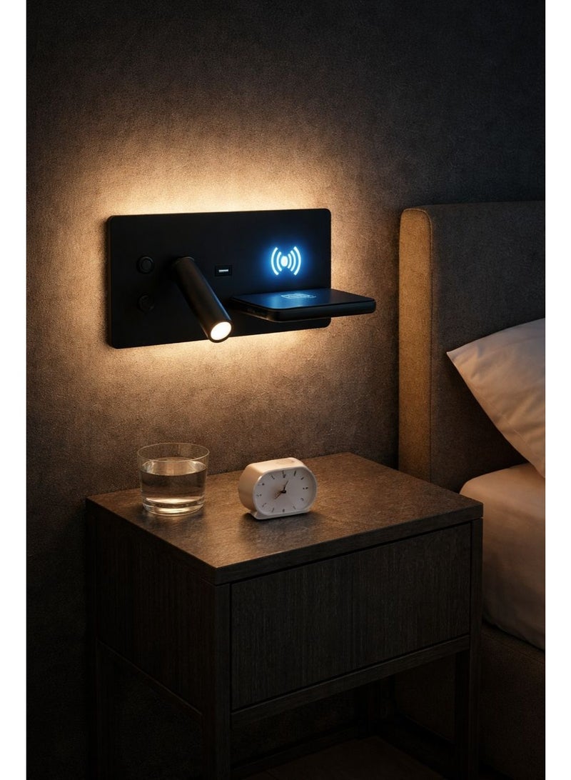 Smart wall light with two adjustable lighting sources, 3000K warm illumination, and an integrated wireless charging area designed for modern bedside convenience - Image 3