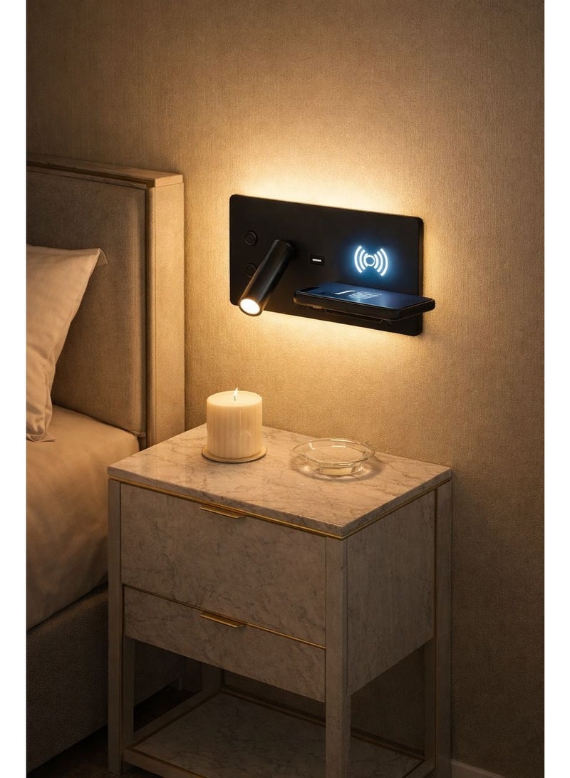Smart wall light with two adjustable lighting sources, 3000K warm illumination, and an integrated wireless charging area designed for modern bedside convenience - Image 4
