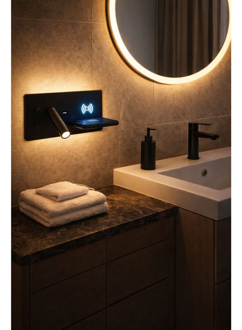 Smart wall light with two adjustable lighting sources, 3000K warm illumination, and an integrated wireless charging area designed for modern bedside convenience - Image 1