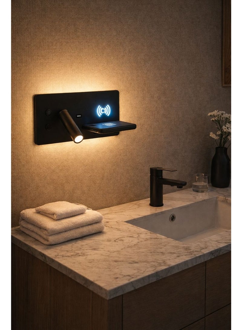 Smart wall light with two adjustable lighting sources, 3000K warm illumination, and an integrated wireless charging area designed for modern bedside convenience - Image 5