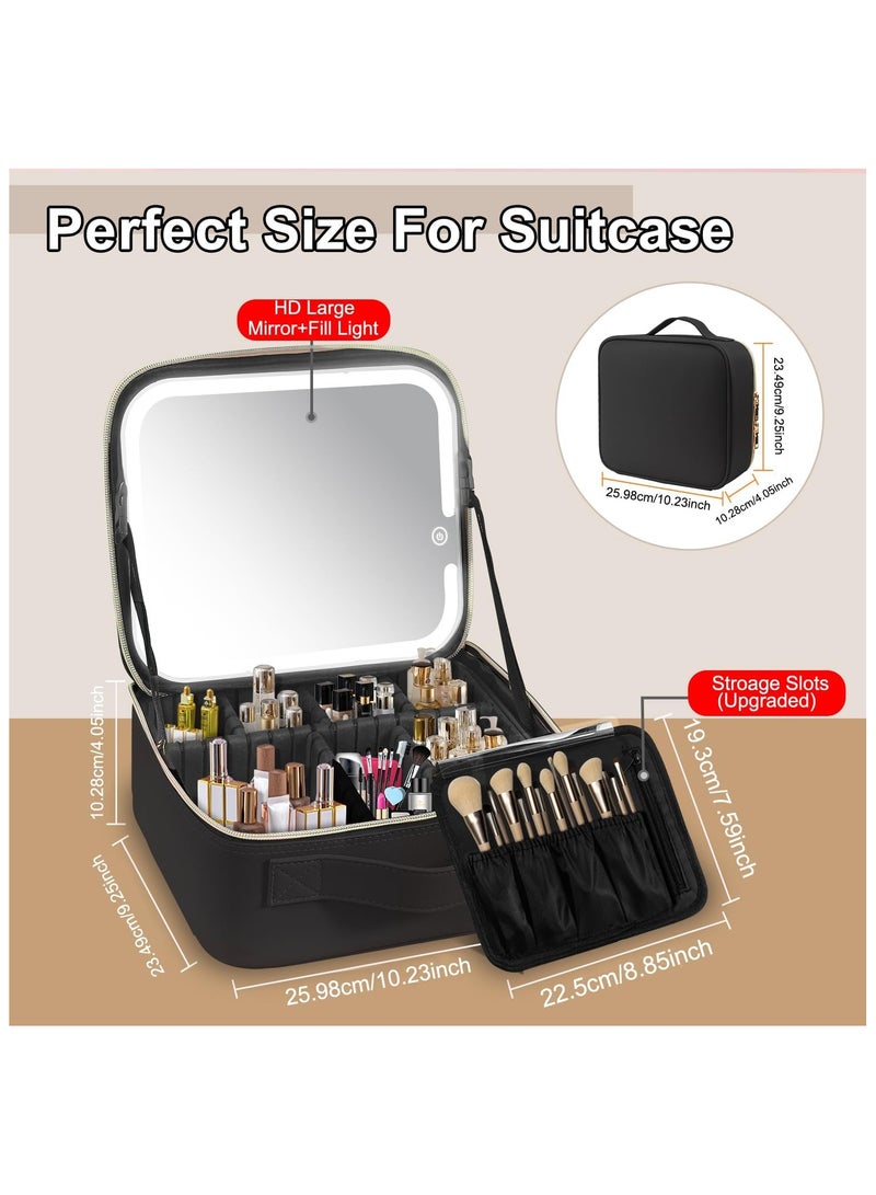Travel Makeup Bag with Lighted Mirror 3 Color Settings, Adjustable Divider, Travel Makeup Bag with Lighted Mirror for Makeup Brushes, Makeup Accessories, Tool Bag, for Women