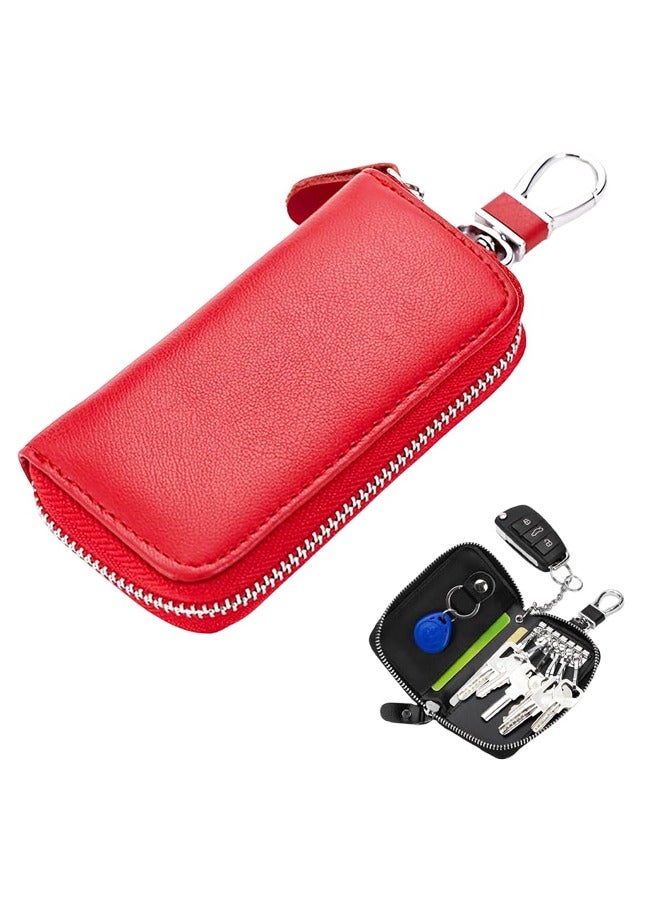 Leather Car Key Holder Bag, Unisex Key Fob Case with 6 Hooks, Zipper Closure Keychian Case Wallet(Red) - Image 1