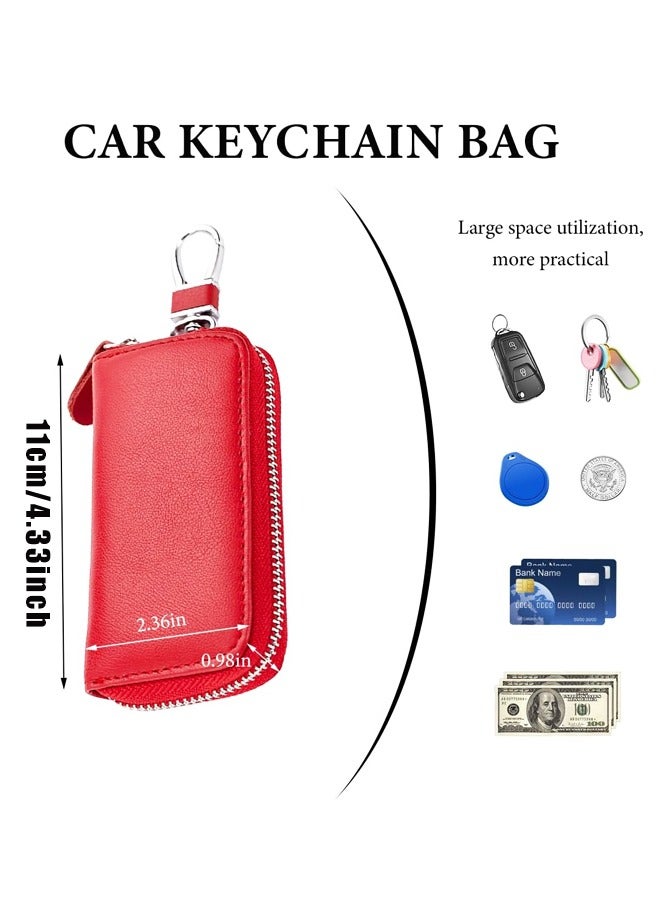 Leather Car Key Holder Bag, Unisex Key Fob Case with 6 Hooks, Zipper Closure Keychian Case Wallet(Red) - Image 2