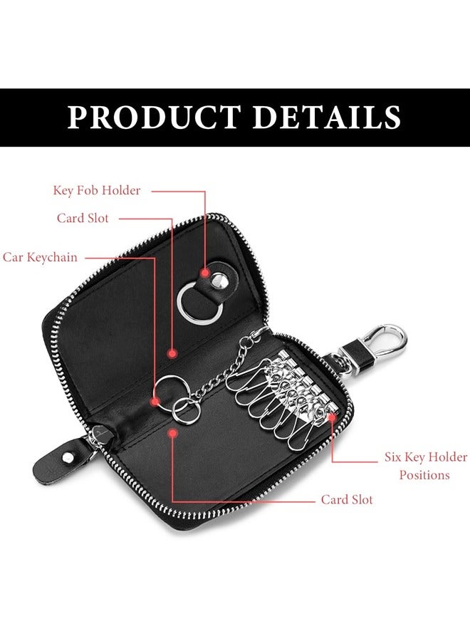 Leather Car Key Holder Bag, Unisex Key Fob Case with 6 Hooks, Zipper Closure Keychian Case Wallet(Red) - Image 3