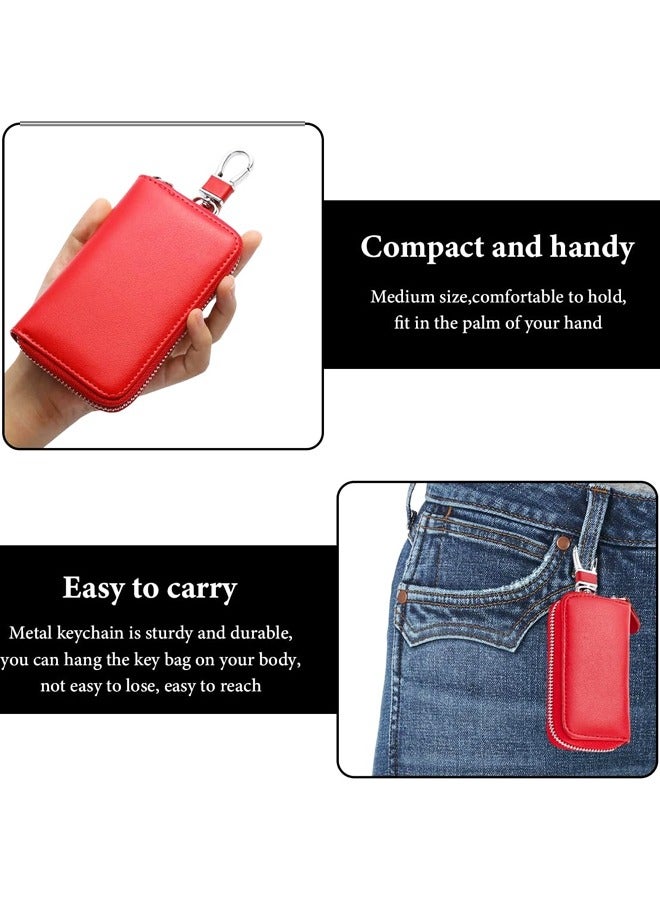 Leather Car Key Holder Bag, Unisex Key Fob Case with 6 Hooks, Zipper Closure Keychian Case Wallet(Red) - Image 4