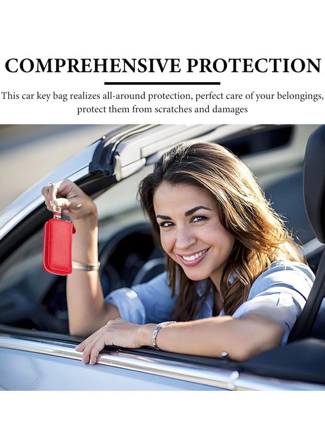 Leather Car Key Holder Bag, Unisex Key Fob Case with 6 Hooks, Zipper Closure Keychian Case Wallet(Red) - Image 5