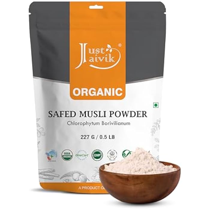 Just Jaivik 100% Organic Safed Musli Powder - Chlorphytum Borivillianum 227 GMS / 1/2 LB Pound / 08 Oz - Processed in FDA Registered Facility (A 100% Natural Health Supplement) - Image 1