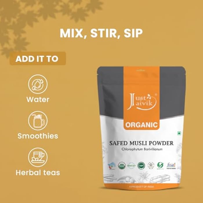 Just Jaivik 100% Organic Safed Musli Powder - Chlorphytum Borivillianum 227 GMS / 1/2 LB Pound / 08 Oz - Processed in FDA Registered Facility (A 100% Natural Health Supplement) - Image 4