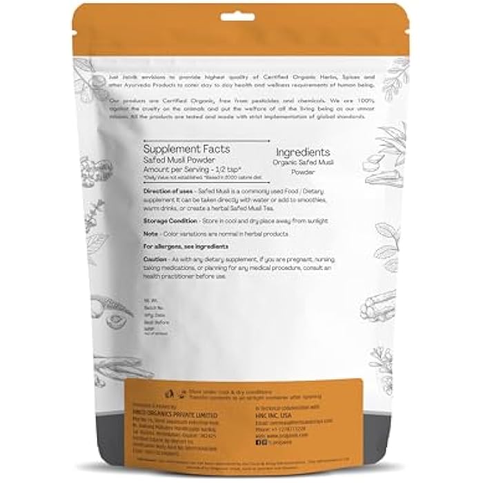 Just Jaivik 100% Organic Safed Musli Powder - Chlorphytum Borivillianum 227 GMS / 1/2 LB Pound / 08 Oz - Processed in FDA Registered Facility (A 100% Natural Health Supplement) - Image 2