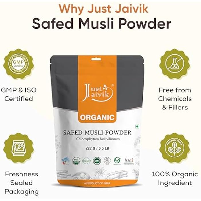 Just Jaivik 100% Organic Safed Musli Powder - Chlorphytum Borivillianum 227 GMS / 1/2 LB Pound / 08 Oz - Processed in FDA Registered Facility (A 100% Natural Health Supplement) - Image 5
