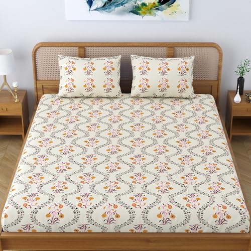 SheetKart Pure Cotton Floral Printed Jaipuri Bedsheet for Double Bed King Size with 2 Pillow Covers - Yellow Lily - Image 2