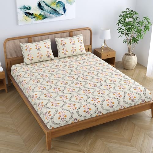 SheetKart Pure Cotton Floral Printed Jaipuri Bedsheet for Double Bed King Size with 2 Pillow Covers - Yellow Lily - Image 4
