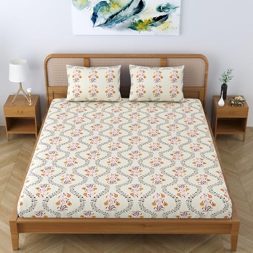 SheetKart Pure Cotton Floral Printed Jaipuri Bedsheet for Double Bed King Size with 2 Pillow Covers - Yellow Lily - Image 5