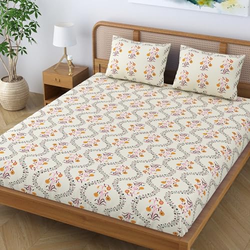 SheetKart Pure Cotton Floral Printed Jaipuri Bedsheet for Double Bed King Size with 2 Pillow Covers - Yellow Lily - Image 3