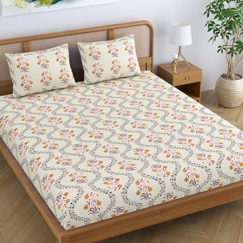 SheetKart Pure Cotton Floral Printed Jaipuri Bedsheet for Double Bed King Size with 2 Pillow Covers - Yellow Lily - Image 1
