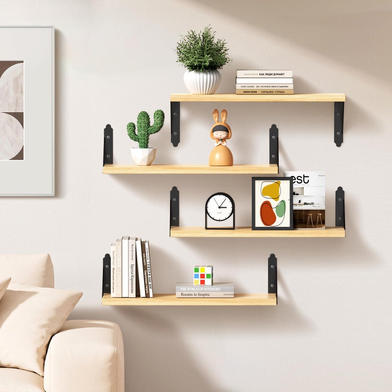 ROMGUAR CRAFT Wood Floating Shelves Set of 4, Rustic Storage Decor Wall Shelves, Wall Mounted Shelf for Living Room, Bedroom 17" x 6", Natural - Image 5