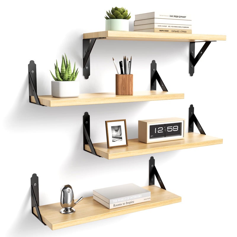 ROMGUAR CRAFT Wood Floating Shelves Set of 4, Rustic Storage Decor Wall Shelves, Wall Mounted Shelf for Living Room, Bedroom 17" x 6", Natural - Image 1