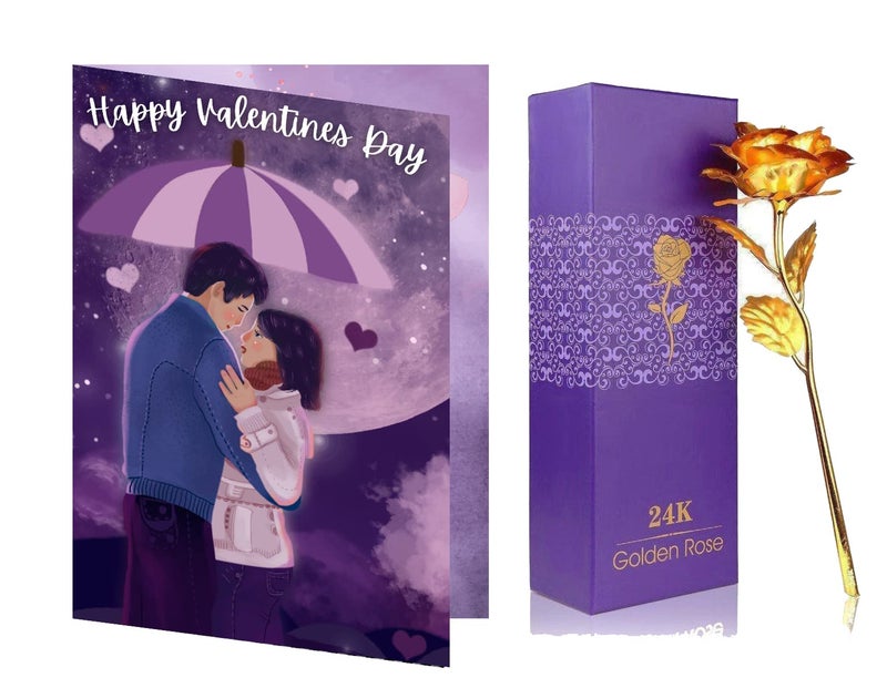 Gaurangi Valentine Day Greeting Card&Artificial Golden Rose-Valentine Day Gift For Boyfriend/Husband/Wife/Girlfriend (Purple)|Valentine's Day|Pack of 1 - Image 1