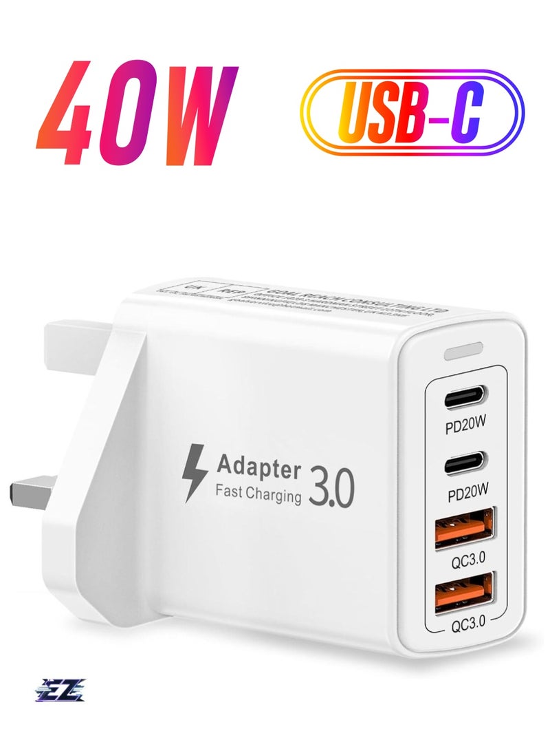 ELTRAZONE New USB C Plug, 40W 4-Port USB C Fast Charger Plug Multi USB Plug Adapter, UK Fast Charge Type C Plug Charger, Dual USB C Power Adapter for iPhone 16, 15, 14, 13 Pro Max, iPad, Samsung Galaxy  - Image 1