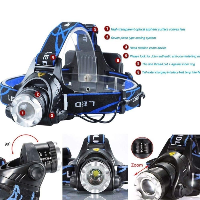 Sampton Best Super Bright Rechargeable Head Torch Hands Free Flashlight LED Lamp Water Resistant Head Lamp Spotlight for Camping Fishing Running Cycling Material Plastic 1PCS - Image 5