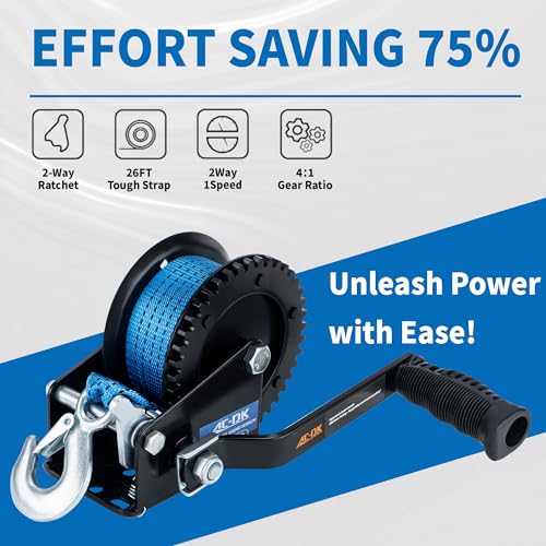AC-DK 1600lbs Heavy Duty Boat Trailer Winch with 26FT Strap, 2-Way Ratchet & 4:1 Gear Trailer Winch, Portable Hand Crank Winch for Boat, Truck, Trailer, RV, ATV, Jet Ski - Image 2