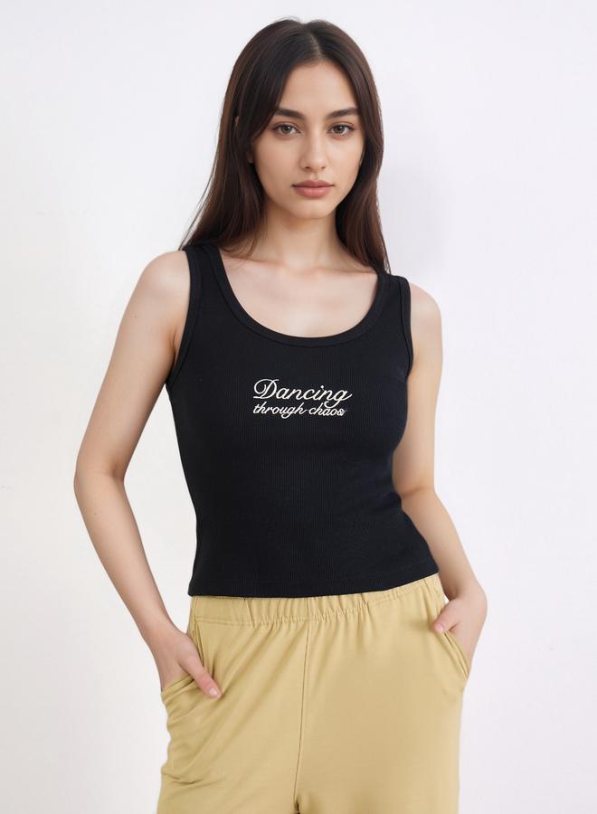 Styli Black Fitted Embroidered Tank - Image 3