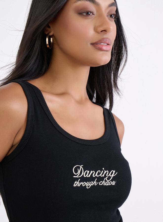Styli Black Fitted Embroidered Tank - Image 4