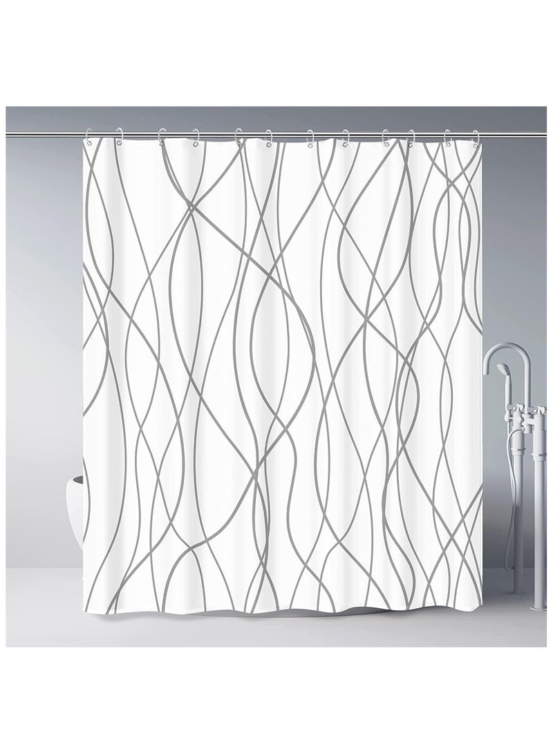 Shower Curtain, Fabric Shower Curtain for Bathroom, Grey and White Fabric with 12 Hooks, 200cm Long, Weighted Hem, Waterproof Bath Accessories Hotel Style, Machine Washable - Image 1
