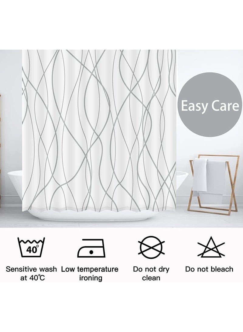 Shower Curtain, Fabric Shower Curtain for Bathroom, Grey and White Fabric with 12 Hooks, 200cm Long, Weighted Hem, Waterproof Bath Accessories Hotel Style, Machine Washable - Image 5