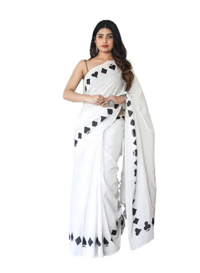 Kiaaron Women's Hand Block Kalamkari Batik Bagru Jaipuri Ikat Printed Handloom Pure Cotton Mulmul Traditional Ethnic Cotton Sarees With Printed Blouse Piece - White - Image 1