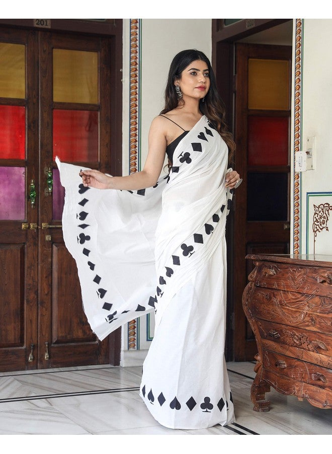 Kiaaron Women's Hand Block Kalamkari Batik Bagru Jaipuri Ikat Printed Handloom Pure Cotton Mulmul Traditional Ethnic Cotton Sarees With Printed Blouse Piece - White - Image 4