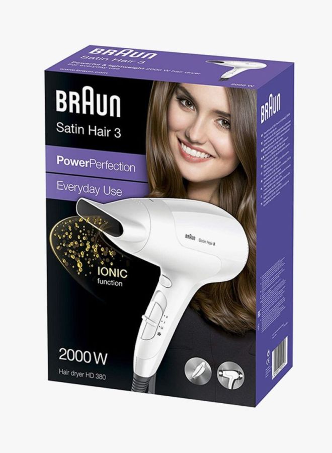 براون مجفف شعر ساتين هير 3 باور بيرفكشن بقدرة 2000 وات طراز HD380 أبيض - Image 4