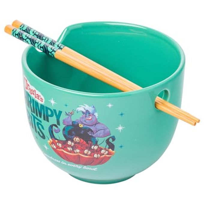 Silver Buffalo Disney Villains Little Mermaid Ursula's Shrimpy Bits Ceramic Ramen Noodle Rice Bowl with Chopsticks, Microwave Safe, 20 Ounces, Little Mermaid Ursula's Shrimpy Bits - Image 1