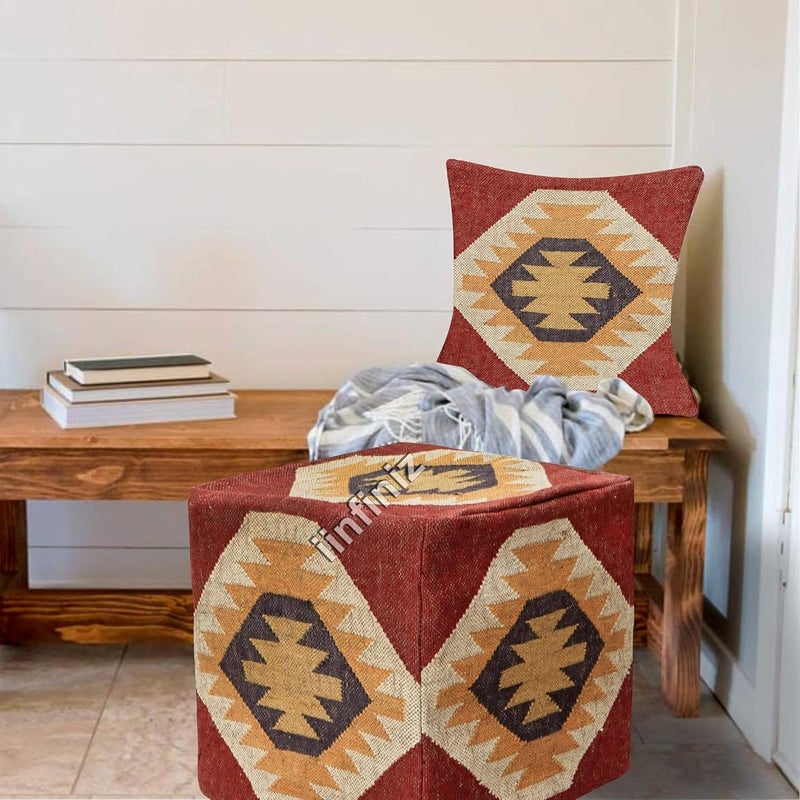 iinfinize Kilim Decorative Square Handmade Wool Jute Pouff and Cushion Cover Combo Set Durable Soft Natural Jute Ethnice Boho Rustic Stool Pouf and Bed Pillow Case - Image 1