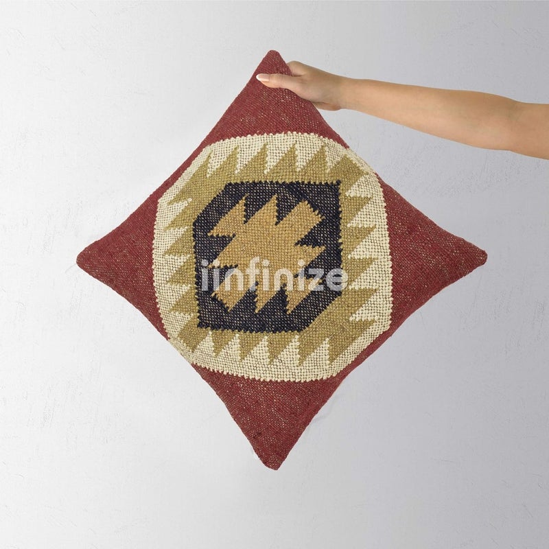 iinfinize Kilim Decorative Square Handmade Wool Jute Pouff and Cushion Cover Combo Set Durable Soft Natural Jute Ethnice Boho Rustic Stool Pouf and Bed Pillow Case - Image 3
