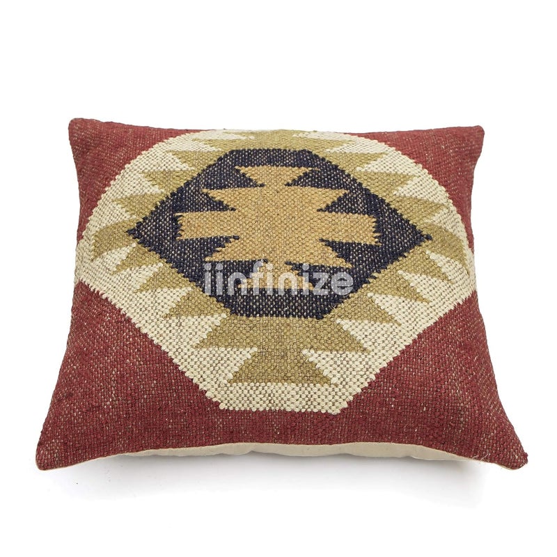 iinfinize Kilim Decorative Square Handmade Wool Jute Pouff and Cushion Cover Combo Set Durable Soft Natural Jute Ethnice Boho Rustic Stool Pouf and Bed Pillow Case - Image 4