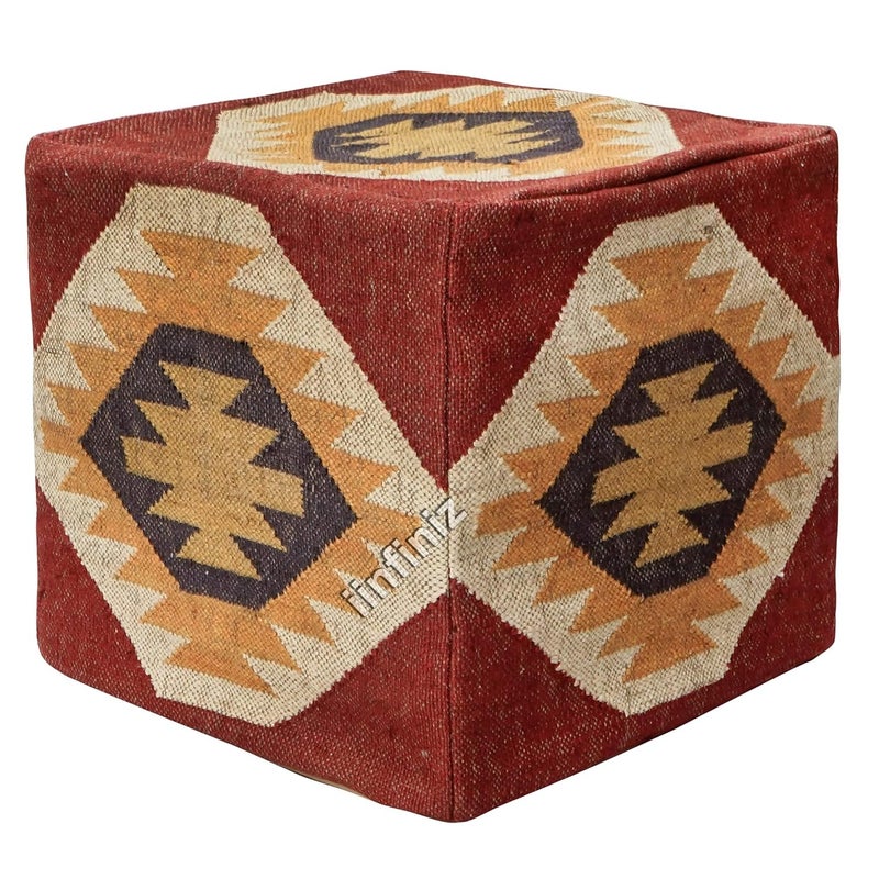 iinfinize Kilim Decorative Square Handmade Wool Jute Pouff and Cushion Cover Combo Set Durable Soft Natural Jute Ethnice Boho Rustic Stool Pouf and Bed Pillow Case - Image 2