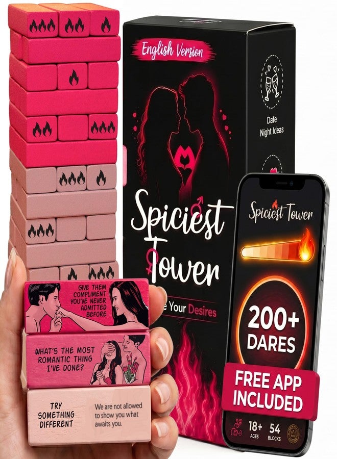The Sensual Lab NEW DRAWINGS EDITION - 54 PINK BLOCKS - Spiciest Tower Stacking Wooden Block Game for Adults - Couple Dare Questions - Relationships - Funny Challenges - Date Night Couples Games - Valentine's Day - Image 1