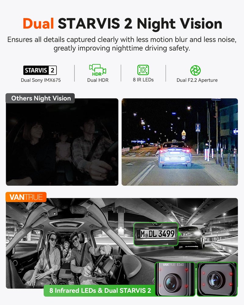 Vantrue E360 Panoramic 2 Channel Dash Cam, 420 Degrees, Dual STARVIS 2, Front Fisheye + Inside Fisheye, Dual IR Night Vision, Action Camera, Voice Control, Touchscreen, GPS, Parking Mode, Support 1TB - Image 4