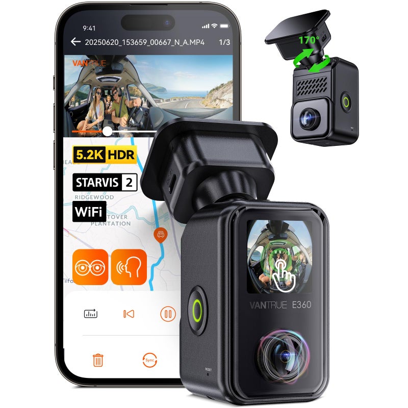 Vantrue E360 Panoramic 2 Channel Dash Cam, 420 Degrees, Dual STARVIS 2, Front Fisheye + Inside Fisheye, Dual IR Night Vision, Action Camera, Voice Control, Touchscreen, GPS, Parking Mode, Support 1TB - Image 1