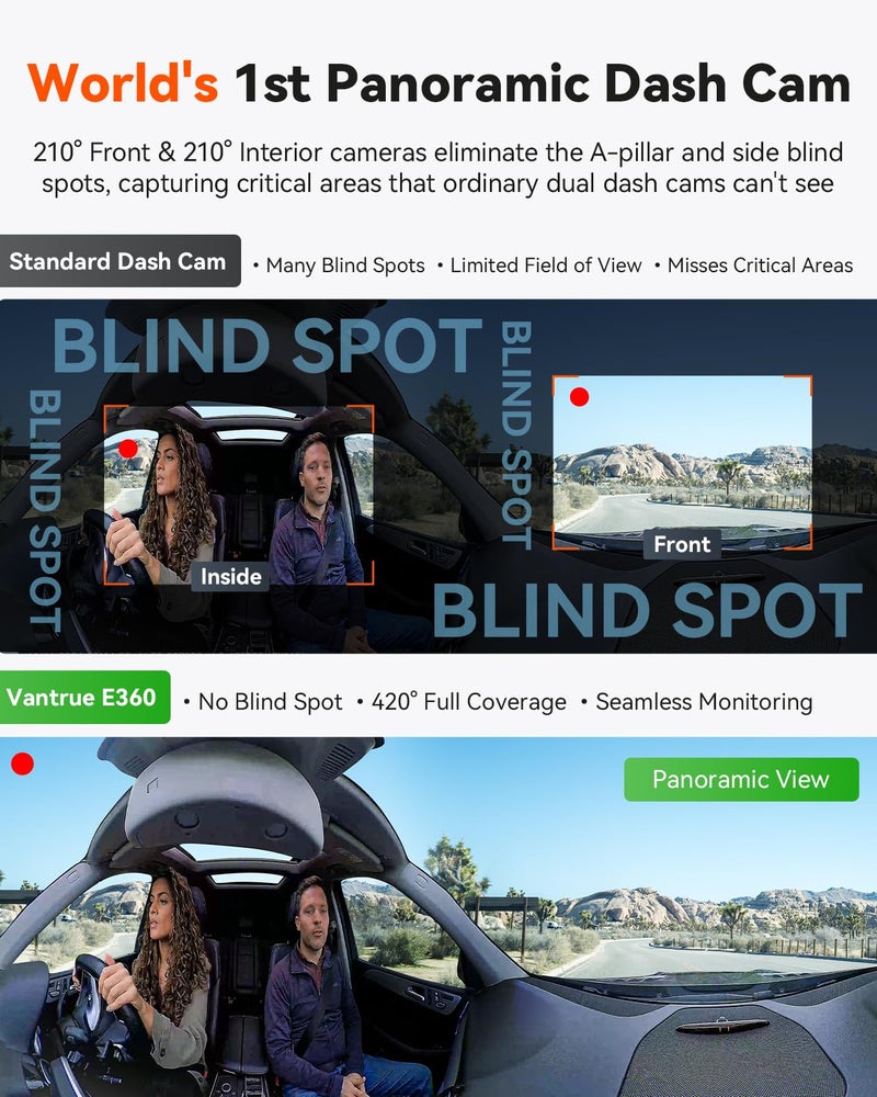 Vantrue E360 Panoramic 2 Channel Dash Cam, 420 Degrees, Dual STARVIS 2, Front Fisheye + Inside Fisheye, Dual IR Night Vision, Action Camera, Voice Control, Touchscreen, GPS, Parking Mode, Support 1TB - Image 2