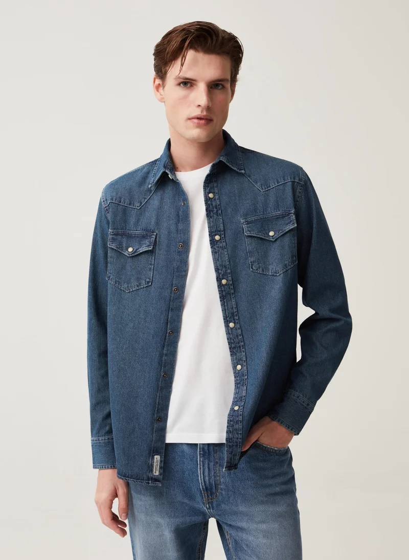 او في اس Grand & Hills denim shirt with pearl buttons