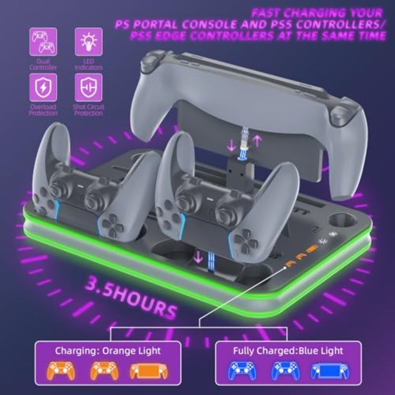 PS Pro Cooling Station Portal Charger Dual Controller Dock with RGB Lights For PlayStation 5 Controllers Gaming Desk Accessory USB-C Powered LED Customizable Lighting - Image 2