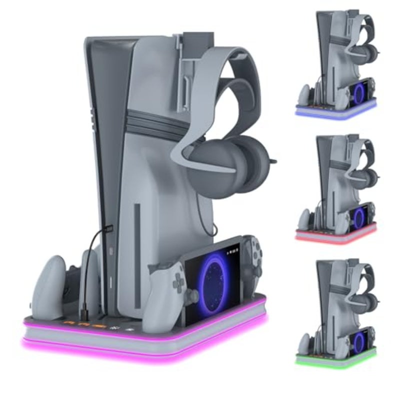 PS Pro Cooling Station Portal Charger Dual Controller Dock with RGB Lights For PlayStation 5 Controllers Gaming Desk Accessory USB-C Powered LED Customizable Lighting - Image 1