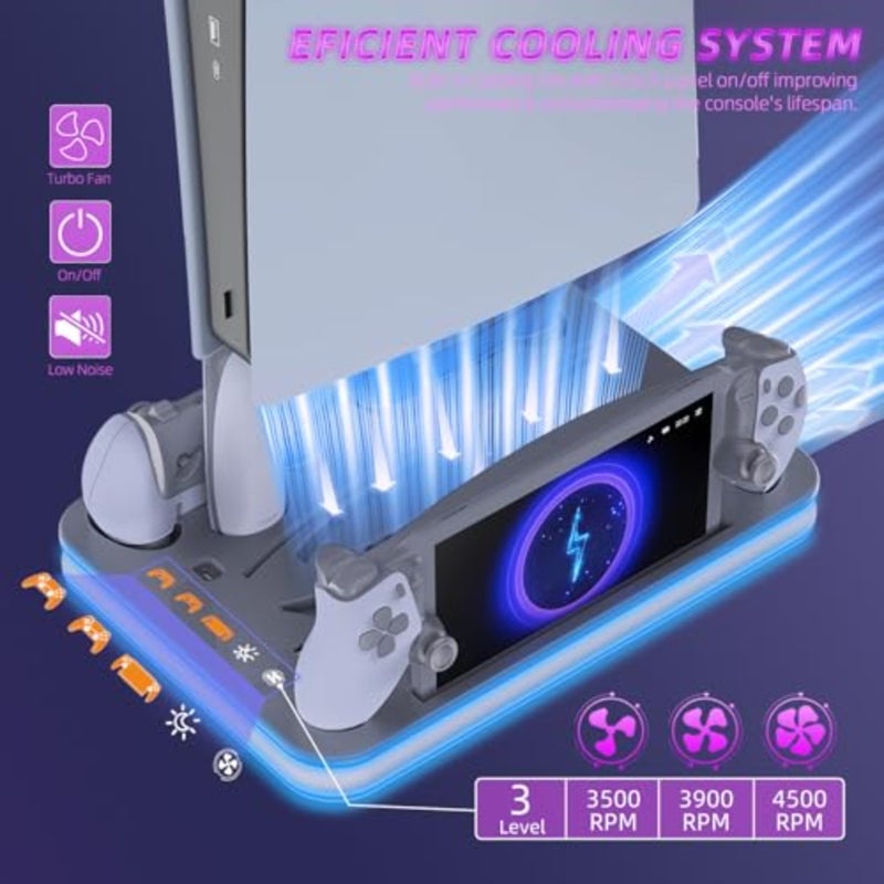 PS Pro Cooling Station Portal Charger Dual Controller Dock with RGB Lights For PlayStation 5 Controllers Gaming Desk Accessory USB-C Powered LED Customizable Lighting - Image 3